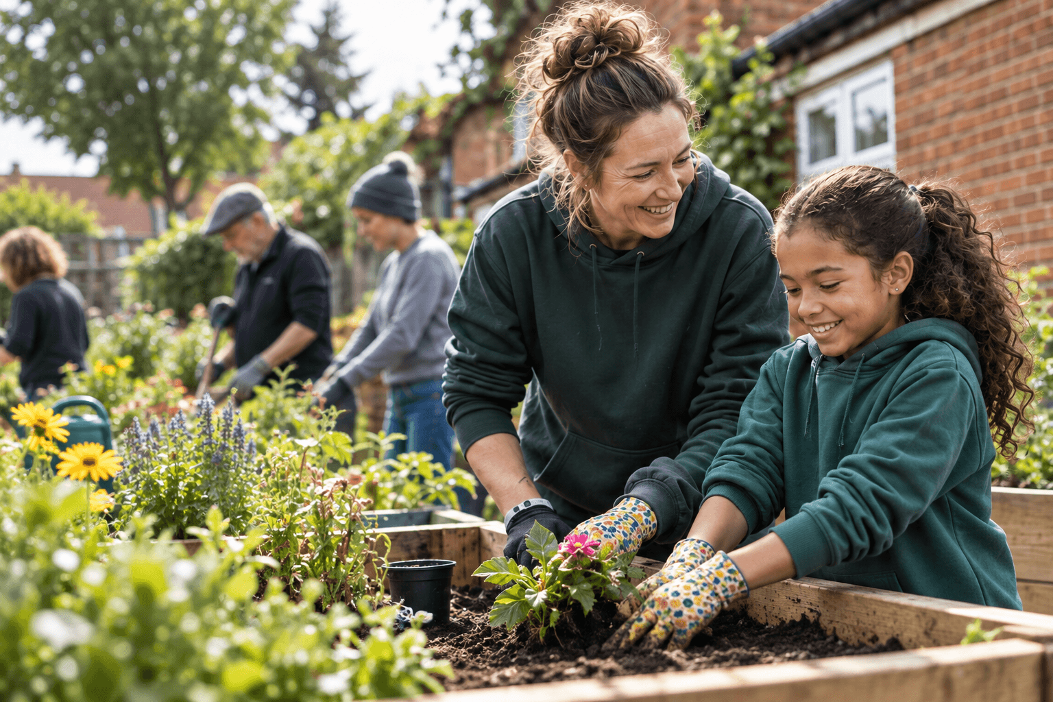 A woman and child planting together in a community garden